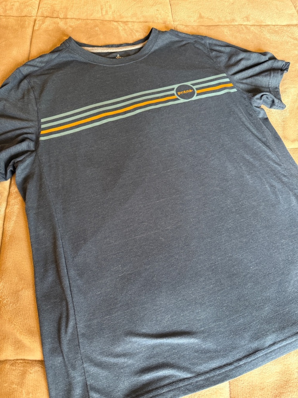 Prana Men's Dark Blue Tee with Robin Blue and Orange Stripes